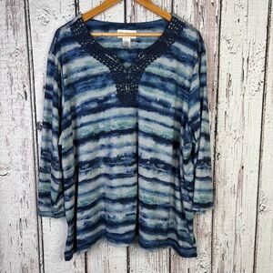Alfred‎ Dunner Plus Size 3X Women’s Blouse 3/4 Sleeves Blue Multi *Small Flaw*